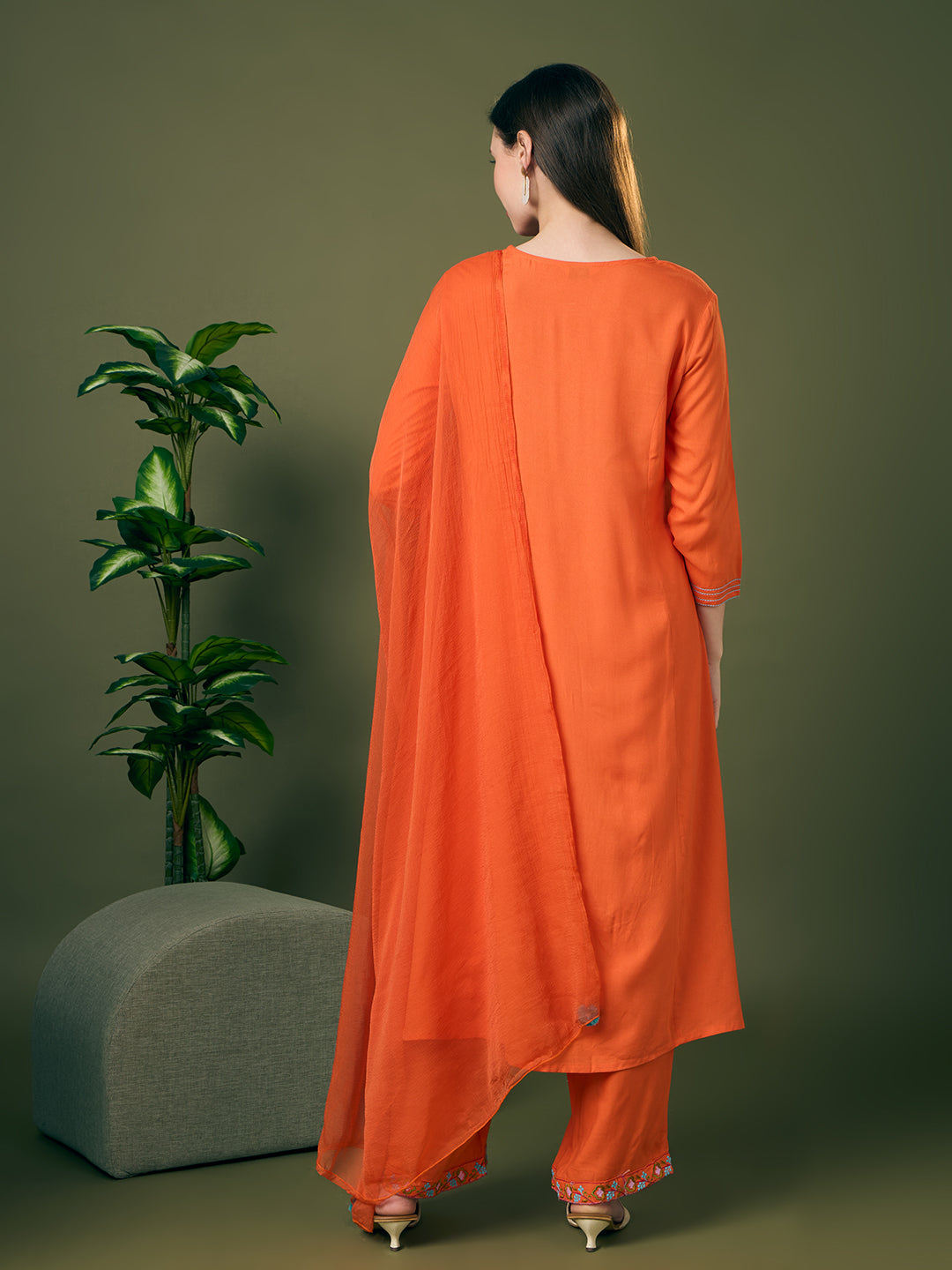 Solid Floral Threadwork Embroidered A-Line Kurta with Palazzo & Dupatta - Orange