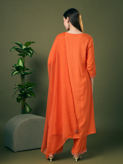 Solid Floral Threadwork Embroidered A-Line Kurta with Palazzo & Dupatta - Orange