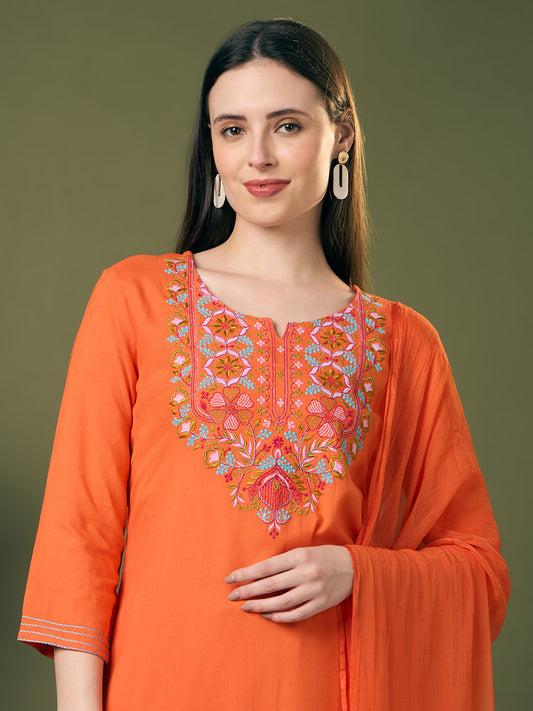 Solid Floral Threadwork Embroidered A-Line Kurta with Palazzo & Dupatta - Orange