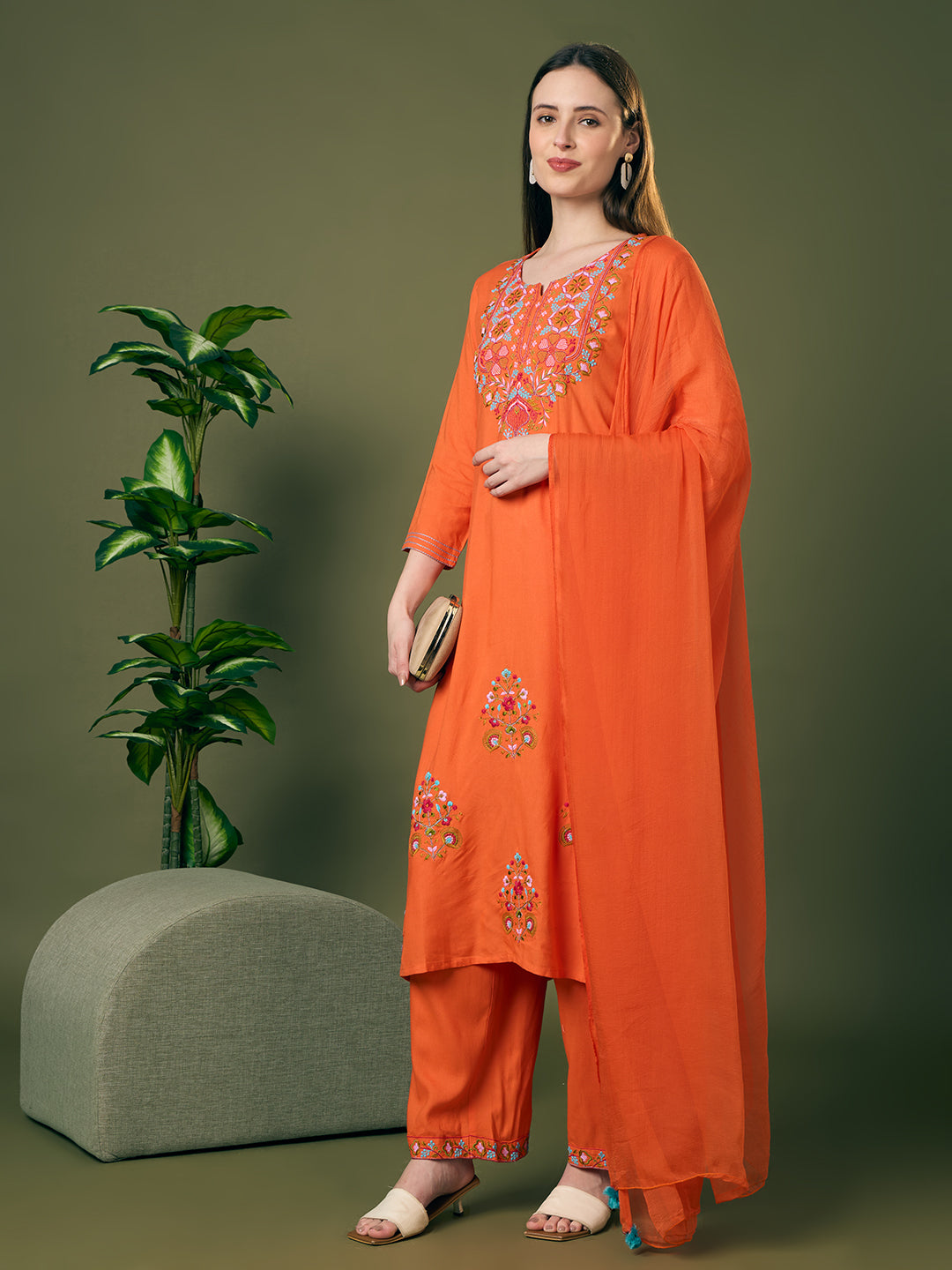 Solid Floral Threadwork Embroidered A-Line Kurta with Palazzo & Dupatta - Orange