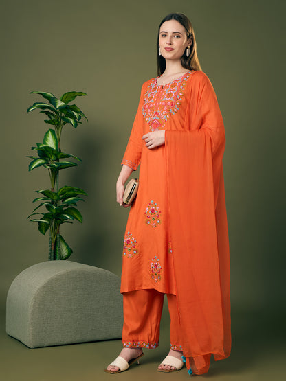 Solid Floral Threadwork Embroidered A-Line Kurta with Palazzo & Dupatta - Orange