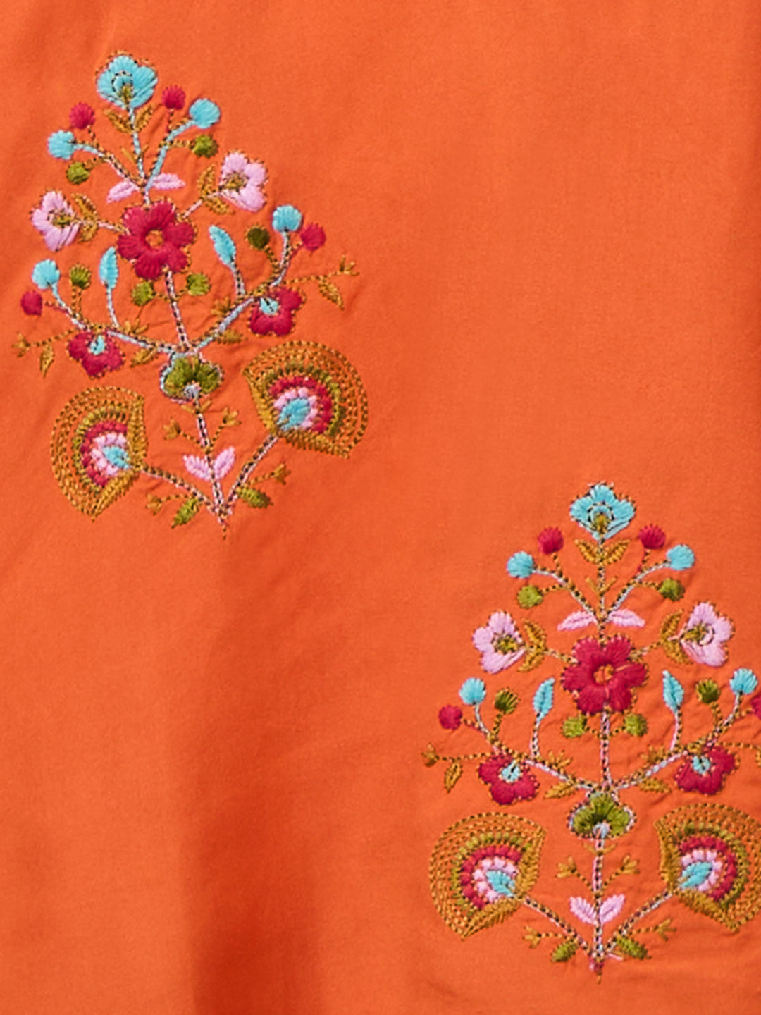 Solid Floral Threadwork Embroidered A-Line Kurta with Palazzo & Dupatta - Orange