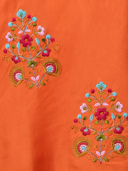 Solid Floral Threadwork Embroidered A-Line Kurta with Palazzo & Dupatta - Orange