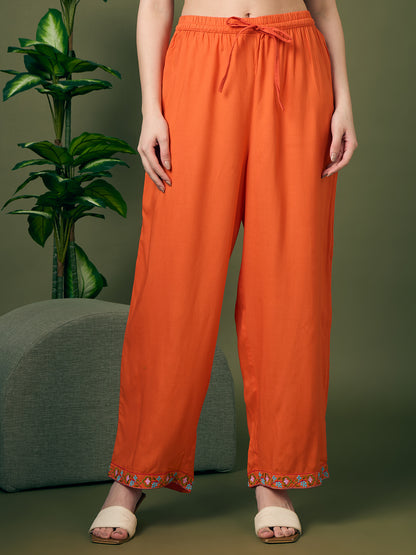 Solid Floral Threadwork Embroidered A-Line Kurta with Palazzo & Dupatta - Orange