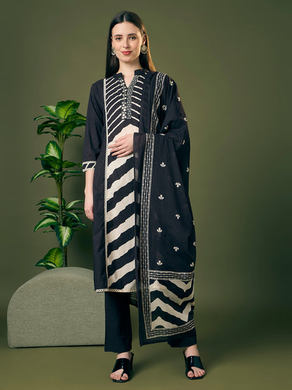 Leheriya Printed Embroidered A-Line Paneled Kurta with Pant and Pure Cotton Dupatta - Black