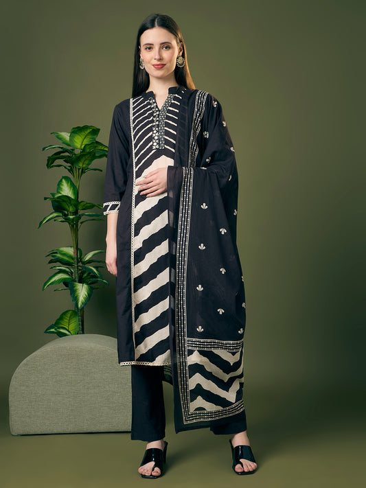 Leheriya Printed Embroidered A-Line Paneled Kurta with Pant and Pure Cotton Dupatta - Black