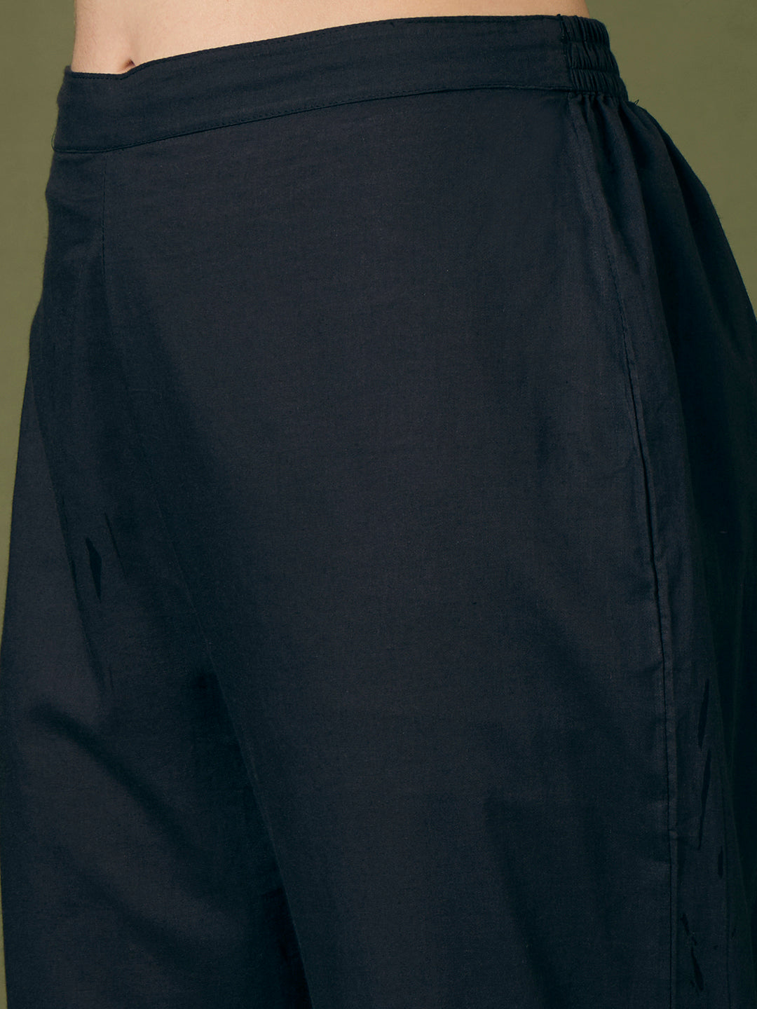 Leheriya Printed Embroidered A-Line Paneled Kurta with Pant and Pure Cotton Dupatta - Black