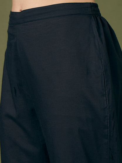 Leheriya Printed Embroidered A-Line Paneled Kurta with Pant and Pure Cotton Dupatta - Black