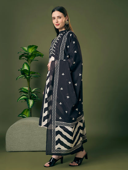 Leheriya Printed Embroidered A-Line Paneled Kurta with Pant and Pure Cotton Dupatta - Black