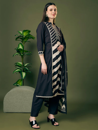 Leheriya Printed Embroidered A-Line Paneled Kurta with Pant and Pure Cotton Dupatta - Black