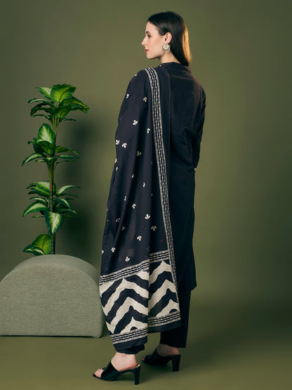 Leheriya Printed Embroidered A-Line Paneled Kurta with Pant and Pure Cotton Dupatta - Black