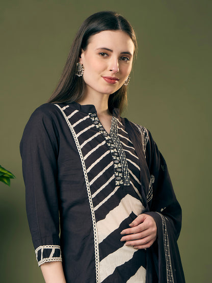 Leheriya Printed Embroidered A-Line Paneled Kurta with Pant and Pure Cotton Dupatta - Black