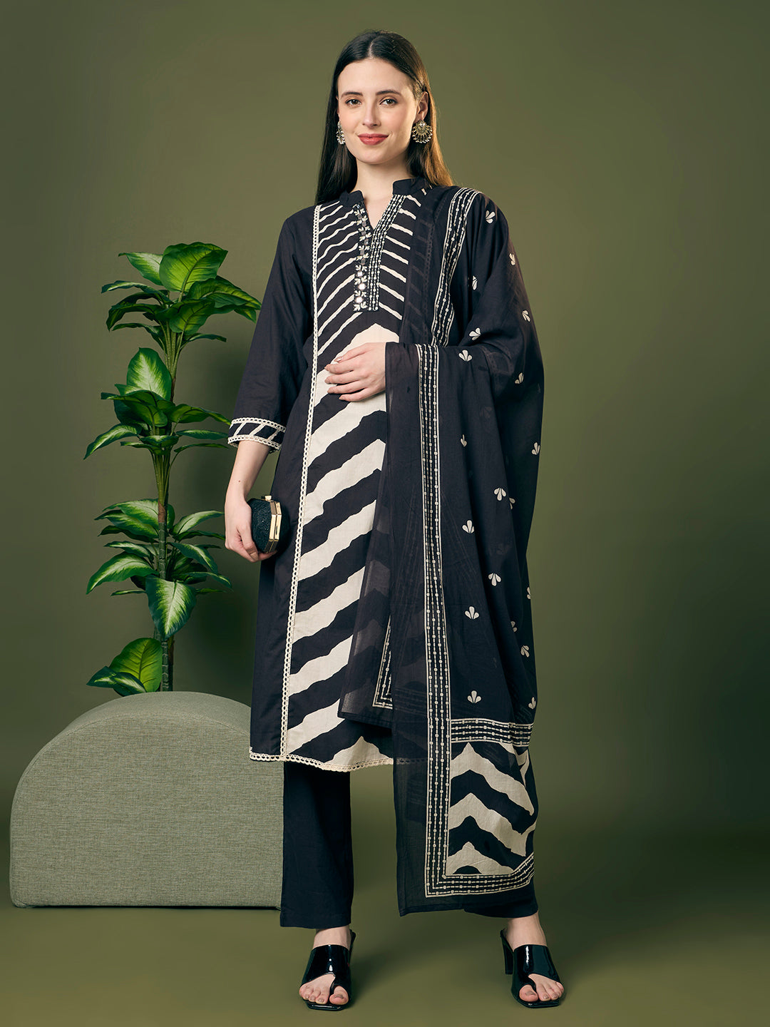 Leheriya Printed Embroidered A-Line Paneled Kurta with Pant and Pure Cotton Dupatta - Black
