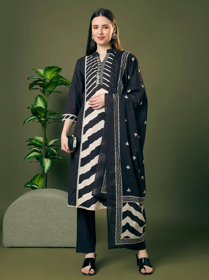 Leheriya Printed Embroidered A-Line Paneled Kurta with Pant and Pure Cotton Dupatta - Black