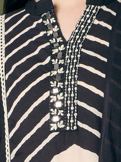 Leheriya Printed Embroidered A-Line Paneled Kurta with Pant and Pure Cotton Dupatta - Black