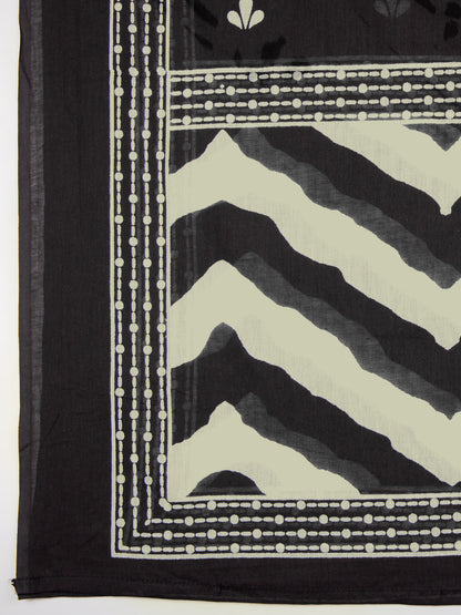 Leheriya Printed Embroidered A-Line Paneled Kurta with Pant and Pure Cotton Dupatta - Black