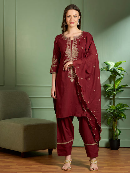 Solid Floral Embroidered Straight Kurta with Salwar & Dupatta - Maroon