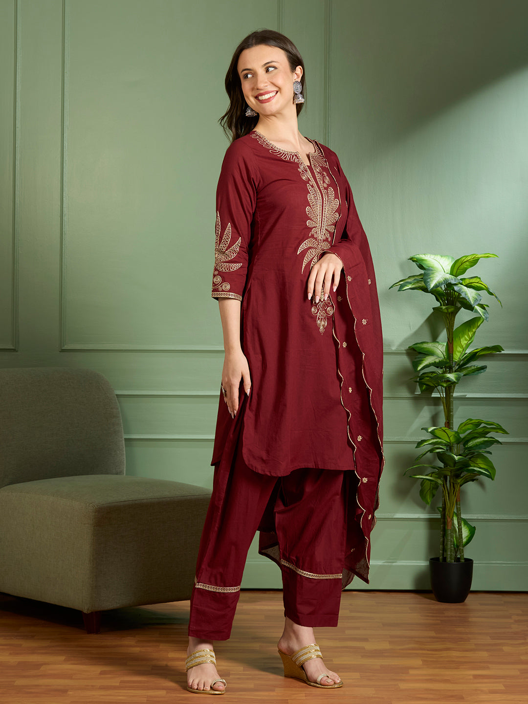 Solid Floral Embroidered Straight Kurta with Salwar & Dupatta - Maroon