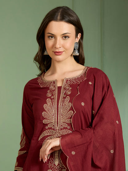 Solid Floral Embroidered Straight Kurta with Salwar & Dupatta - Maroon