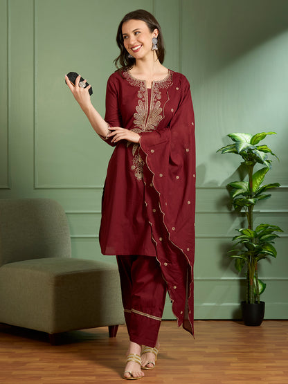 Solid Floral Embroidered Straight Kurta with Salwar & Dupatta - Maroon