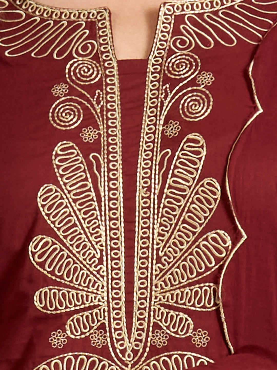 Solid Floral Embroidered Straight Kurta with Salwar & Dupatta - Maroon