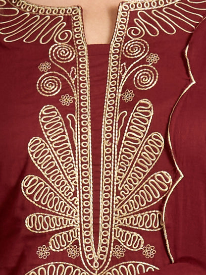 Solid Floral Embroidered Straight Kurta with Salwar & Dupatta - Maroon