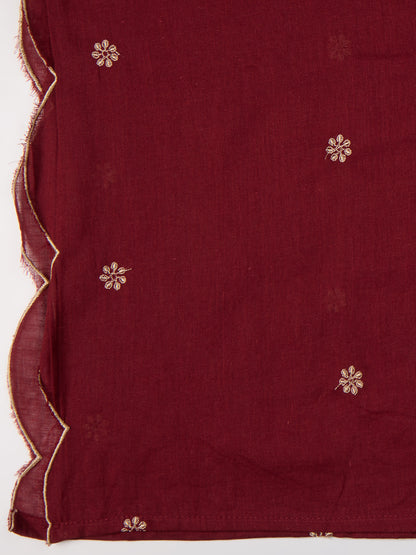 Solid Floral Embroidered Straight Kurta with Salwar & Dupatta - Maroon