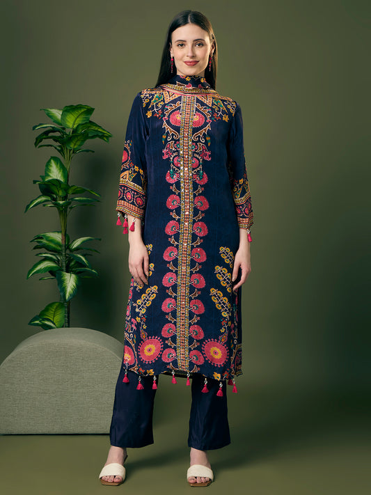 Ethnic Floral Printed Embroidered Straight Kurta with Pant & Dupatta - Navy Blue