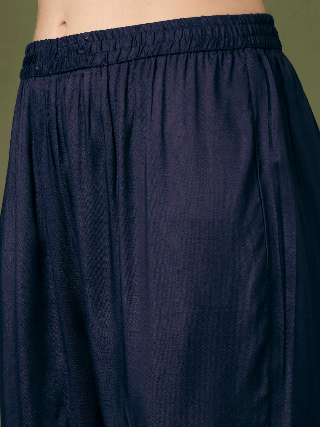 Ethnic Floral Printed Embroidered Straight Kurta with Pant & Dupatta - Navy Blue