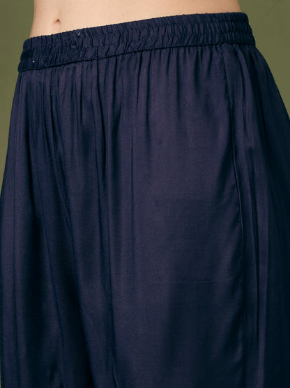 Ethnic Floral Printed Embroidered Straight Kurta with Pant & Dupatta - Navy Blue