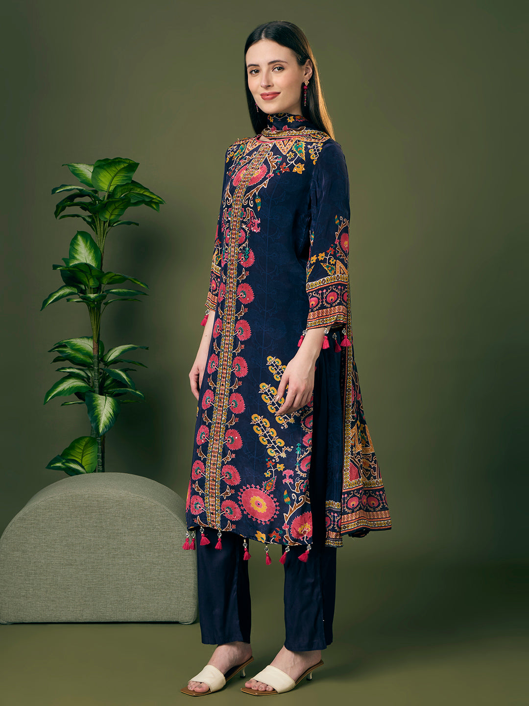Ethnic Floral Printed Embroidered Straight Kurta with Pant & Dupatta - Navy Blue