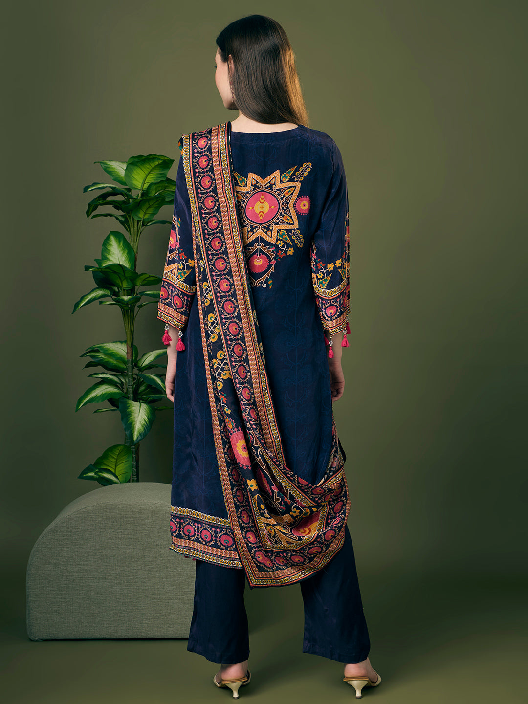 Ethnic Floral Printed Embroidered Straight Kurta with Pant & Dupatta - Navy Blue