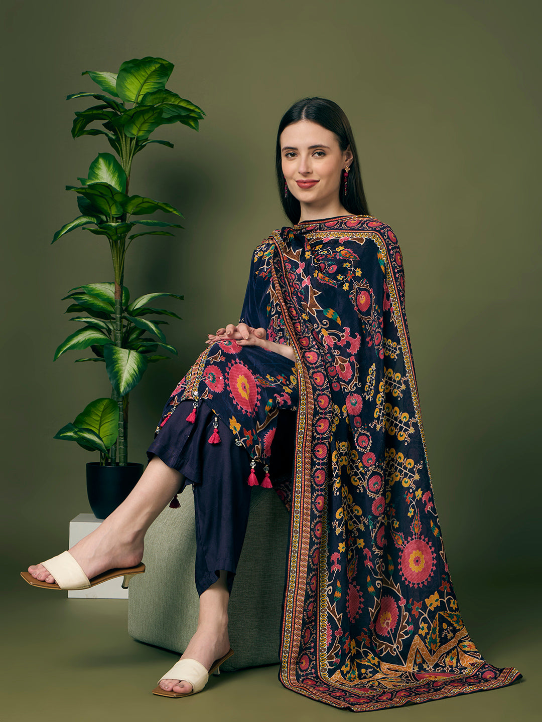 Ethnic Floral Printed Embroidered Straight Kurta with Pant & Dupatta - Navy Blue