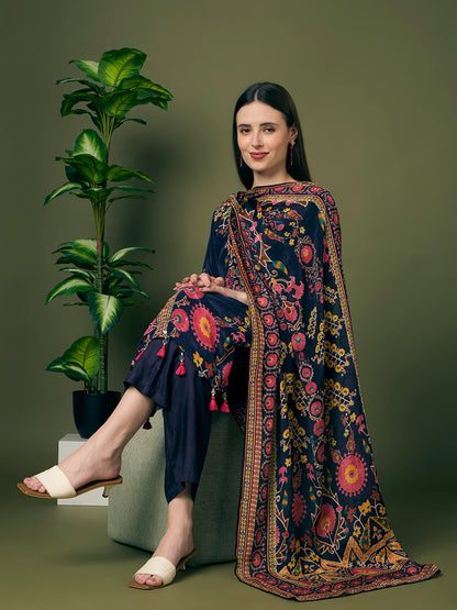 Ethnic Floral Printed Embroidered Straight Kurta with Pant & Dupatta - Navy Blue