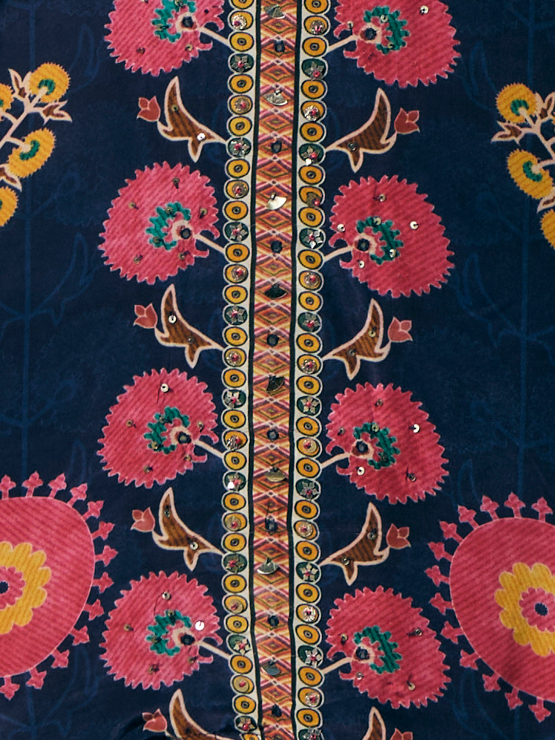 Ethnic Floral Printed Embroidered Straight Kurta with Pant & Dupatta - Navy Blue