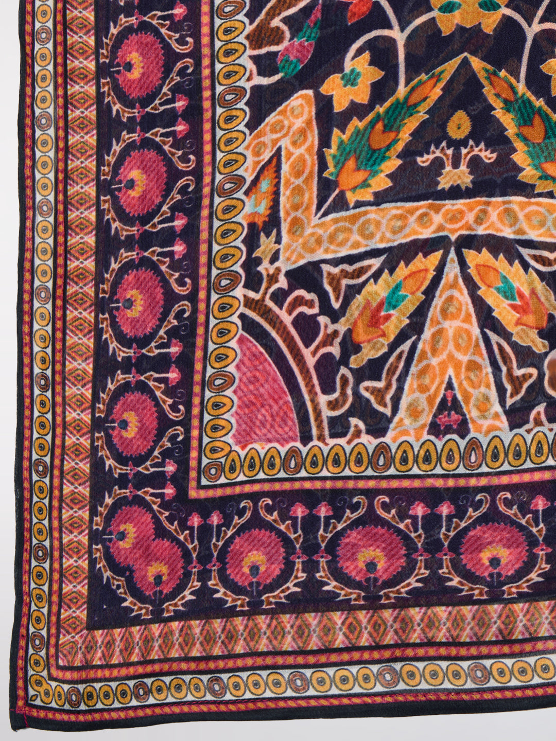 Ethnic Floral Printed Embroidered Straight Kurta with Pant & Dupatta - Navy Blue
