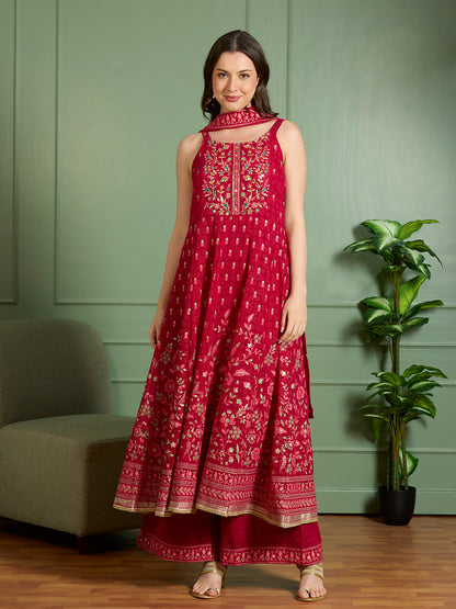 Festive Floral Printed Anarkali With Palazzo & Dupatta - Red