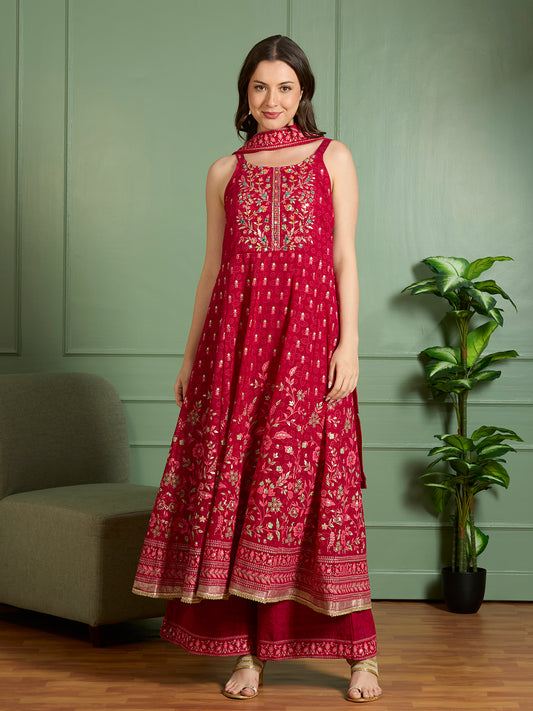 Festive Floral Printed Anarkali With Palazzo & Dupatta - Red