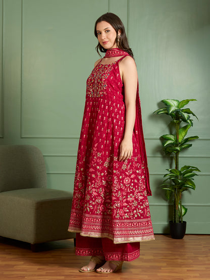 Festive Floral Printed Anarkali With Palazzo & Dupatta - Red