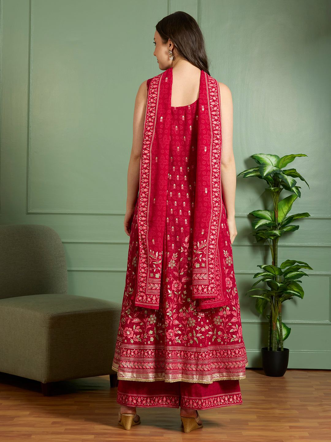 Festive Floral Printed Anarkali With Palazzo & Dupatta - Red
