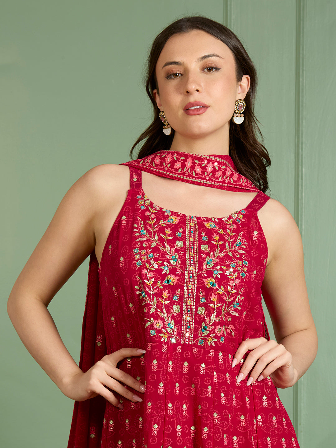 Festive Floral Printed Anarkali With Palazzo & Dupatta - Red