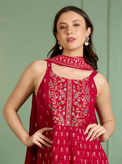 Festive Floral Printed Anarkali With Palazzo & Dupatta - Red
