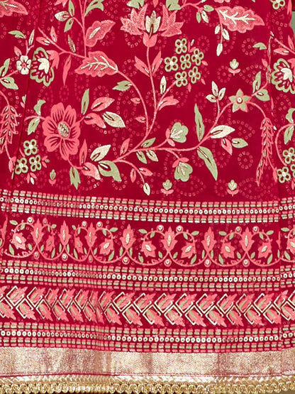 Festive Floral Printed Anarkali With Palazzo & Dupatta - Red