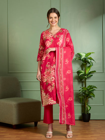 Floral Printed Straight Fit Kurta with Palazzo and Pure Cotton Dupatta - Magenta