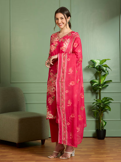 Floral Printed Straight Fit Kurta with Palazzo and Pure Cotton Dupatta - Magenta