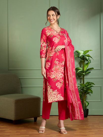 Floral Printed Straight Fit Kurta with Palazzo and Pure Cotton Dupatta - Magenta