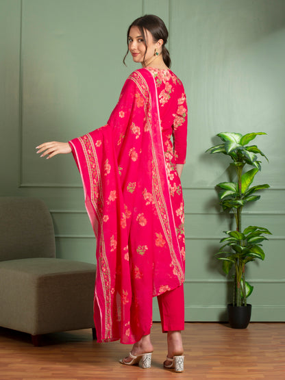 Floral Printed Straight Fit Kurta with Palazzo and Pure Cotton Dupatta - Magenta