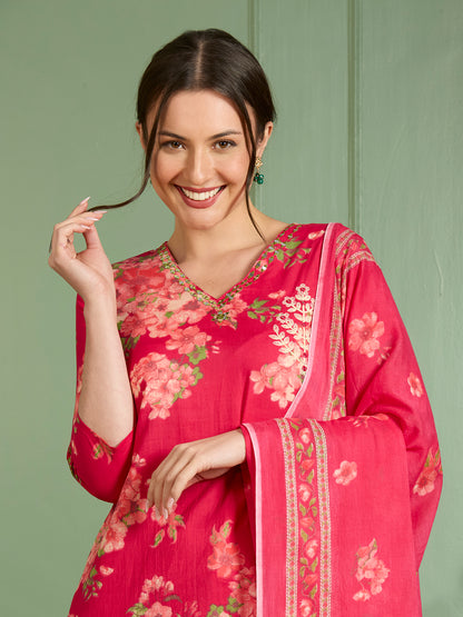 Floral Printed Straight Fit Kurta with Palazzo and Pure Cotton Dupatta - Magenta
