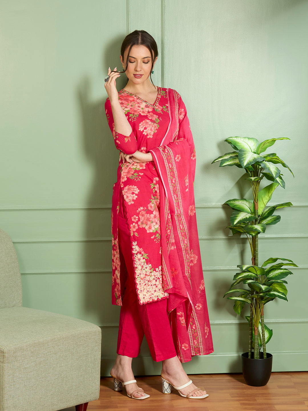 Floral Printed Straight Fit Kurta with Palazzo and Pure Cotton Dupatta - Magenta