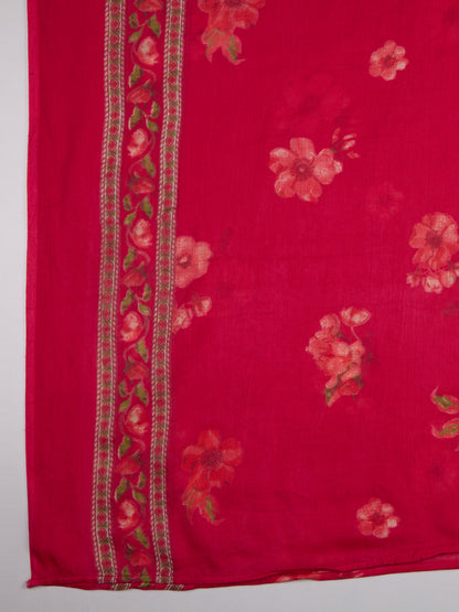 Floral Printed Straight Fit Kurta with Palazzo and Pure Cotton Dupatta - Magenta